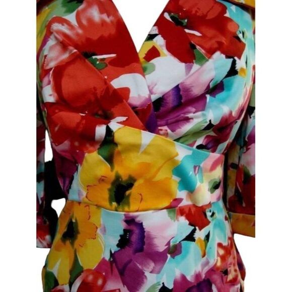 Donna Ricco Collection Sz 6 Front Wrap Tropical Floral Portrait Collar Top Artsy - Picture 2 of 10